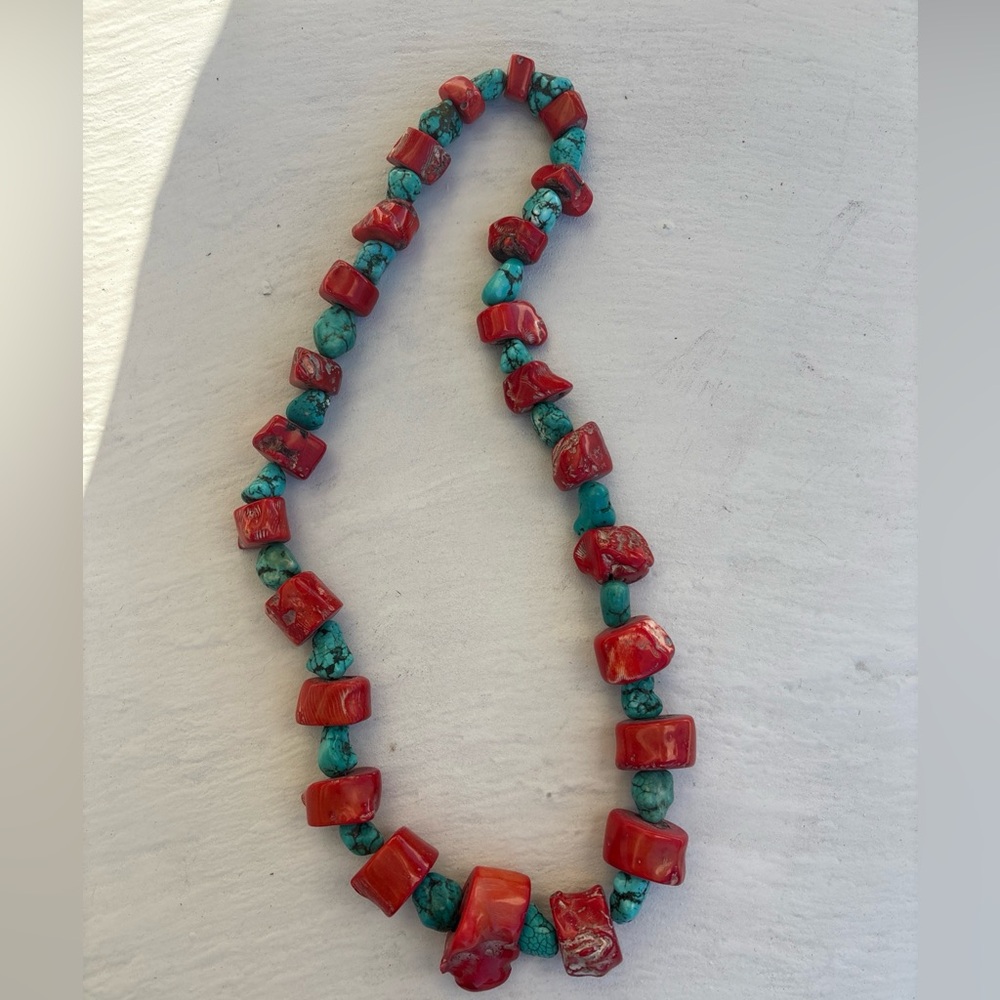 Vibrant Red  Coral and Turquoise Beaded Necklace
